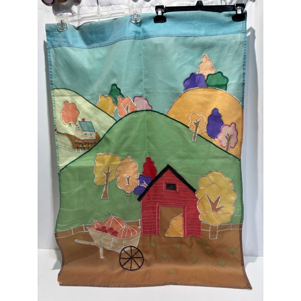 Vintage Harvest Barn Garden Flag Large Multicolor Applique Folk Art Banner